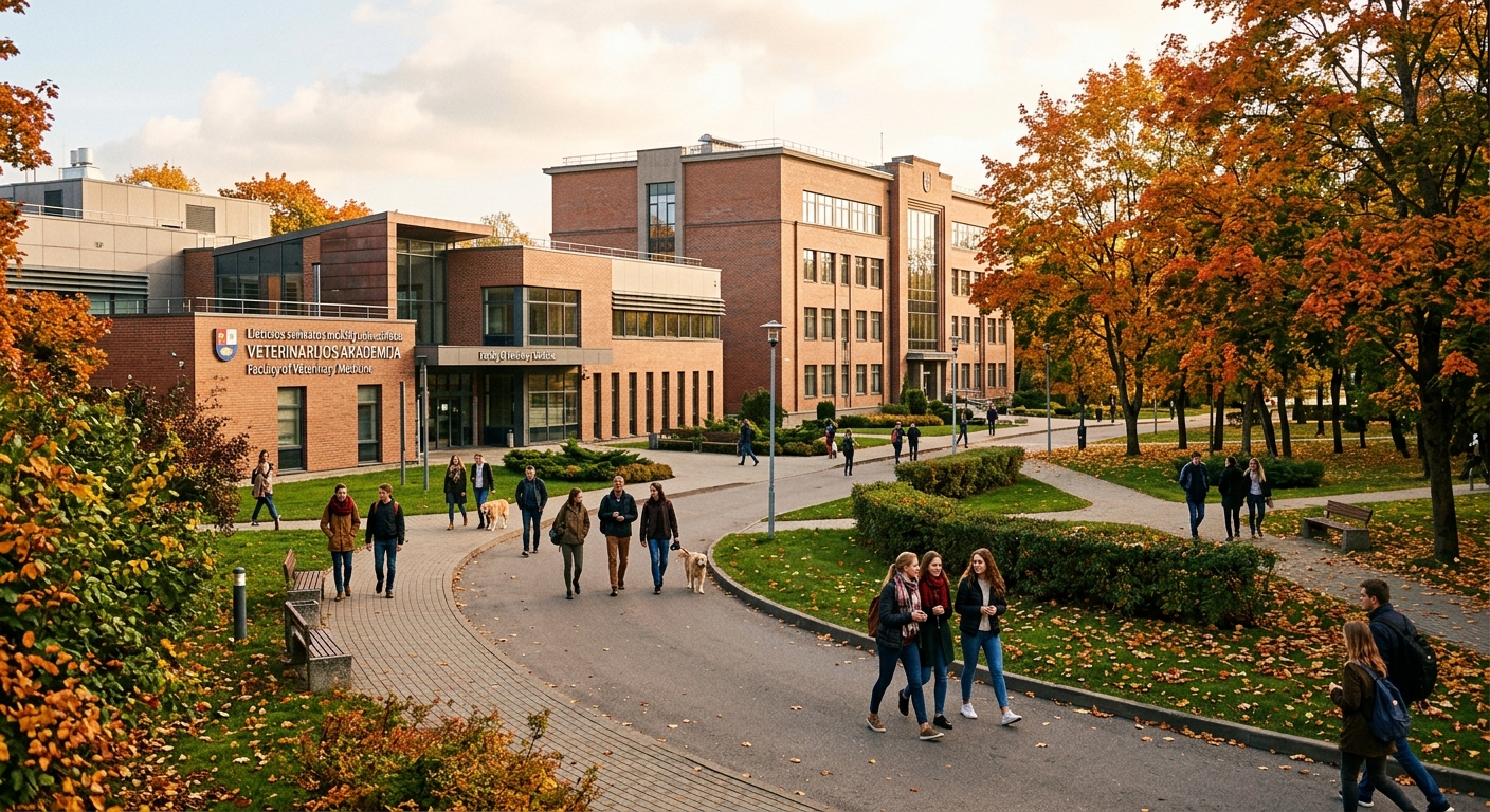 Lithuanian University of Health Sciences campus in Kaunas with modern academic buildings surrounded by green spaces, students walking along tree-lined pathways, autumn light casting warm tones over the Veterinary Academy grounds