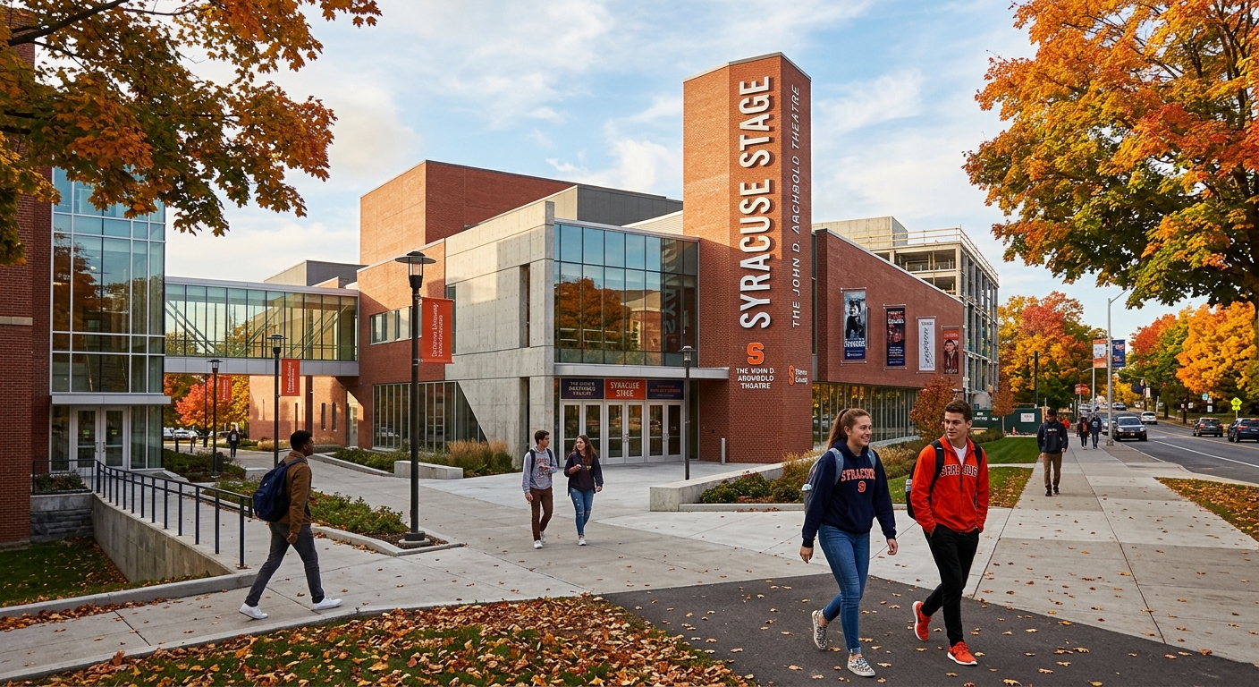 Syracuse University campus theater complex with modern architecture, students walking near the Syracuse Stage building, autumn foliage on trees, warm natural lighting