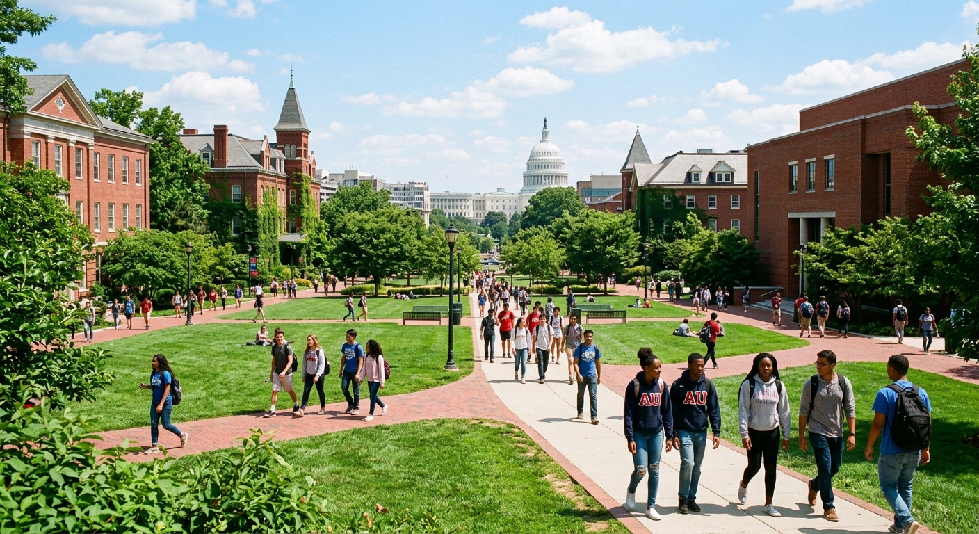 American University campus in Washington DC with red brick academic buildings, tree-lined pathways, and students walking across a green quad on a sunny day, the US Capitol dome visible in the distant background
