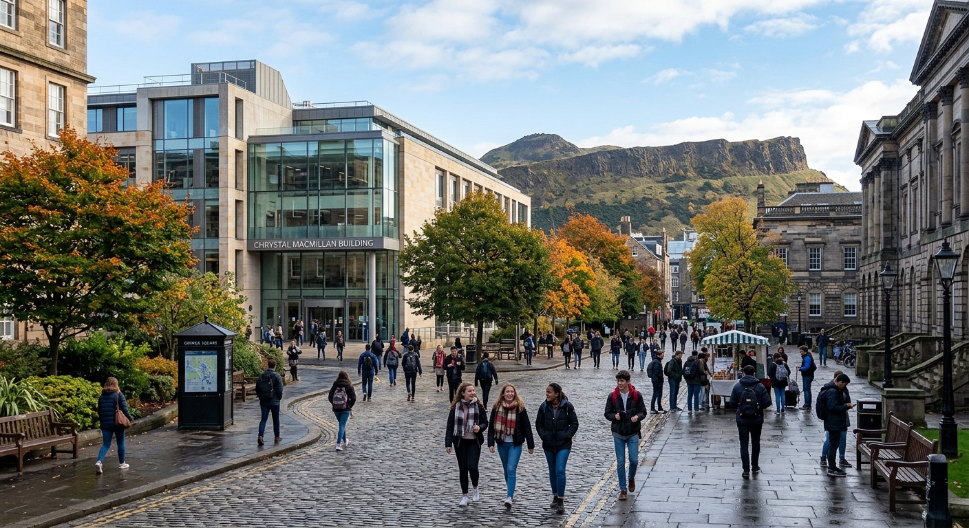 Historic University of Edinburgh campus with Chrystal Macmillan Building on George Square, students walking through the courtyard on a crisp Edinburgh day, with Arthur's Seat visible in the background