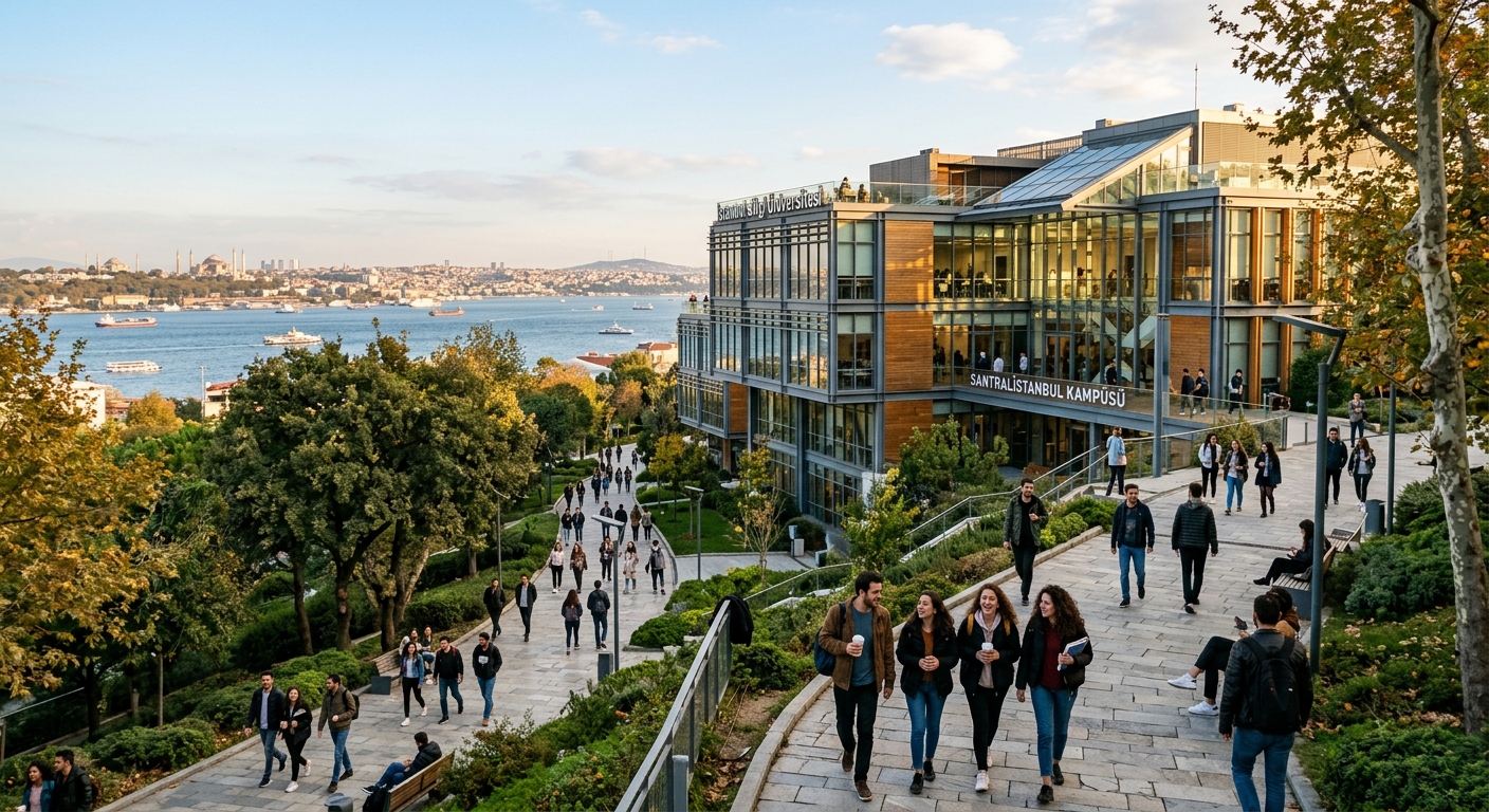 Modern university campus building in Istanbul with students walking through tree-lined pathways, Bosphorus visible in the background, contemporary architecture with glass facades, warm afternoon light
