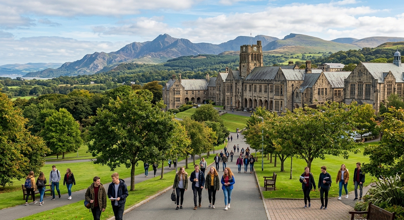 Bangor University campus with historic stone buildings set against the backdrop of Snowdonia mountains and lush green Welsh landscape, students walking along tree-lined pathways