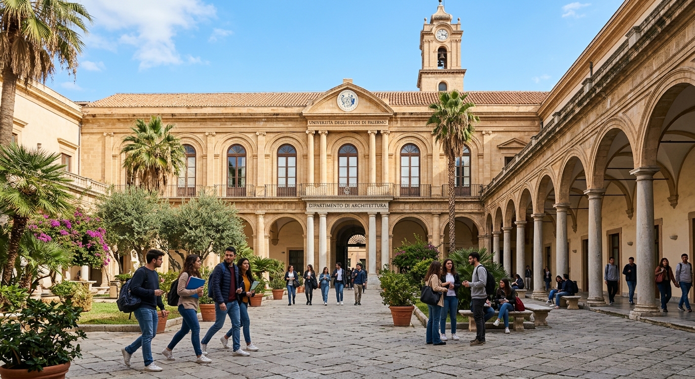 University of Palermo Department of Architecture building with Mediterranean-style facade, palm trees and blue sky in Palermo Sicily, students walking through the campus courtyard with classical columns and arched windows