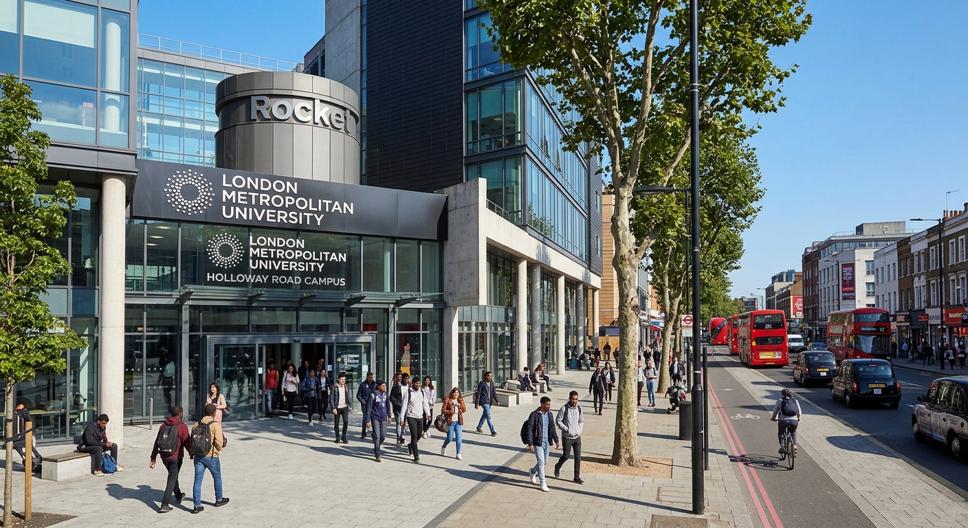 London Metropolitan University Holloway Road campus building exterior with modern architecture, students walking through the entrance area, urban London setting with trees and clear sky