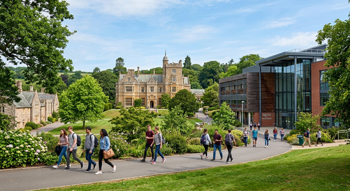 University of Exeter Streatham Campus with green lawns, historic stone buildings and modern biosciences laboratory facilities, students walking along tree-lined paths under blue sky, Devon England