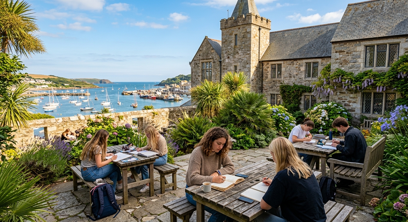 Falmouth University campus in Cornwall with historic stone buildings overlooking the harbour, creative students writing in a sunlit courtyard surrounded by lush coastal greenery