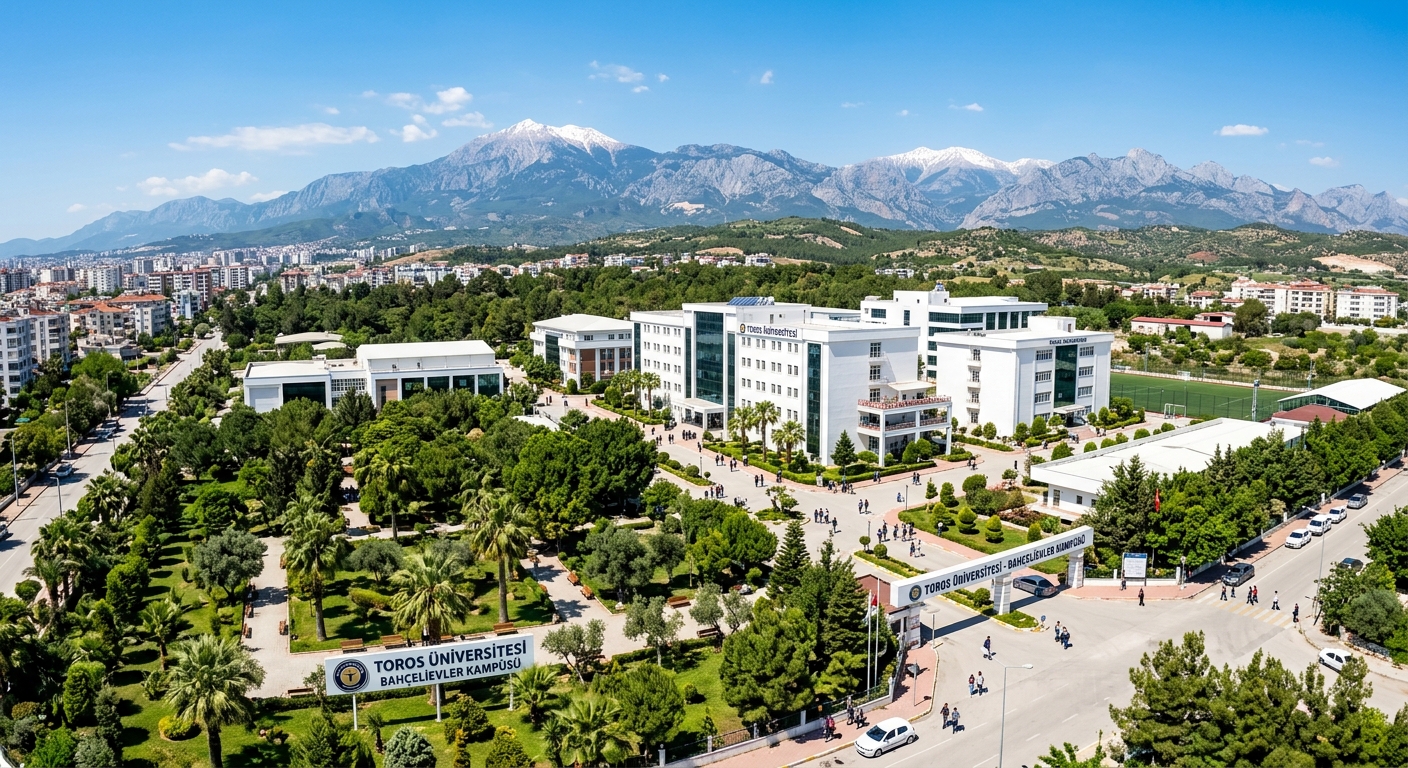 Toros University Bahçelievler campus wide shot in Mersin Turkey, modern white academic buildings surrounded by Mediterranean greenery, Taurus Mountains visible in the background under clear blue sky