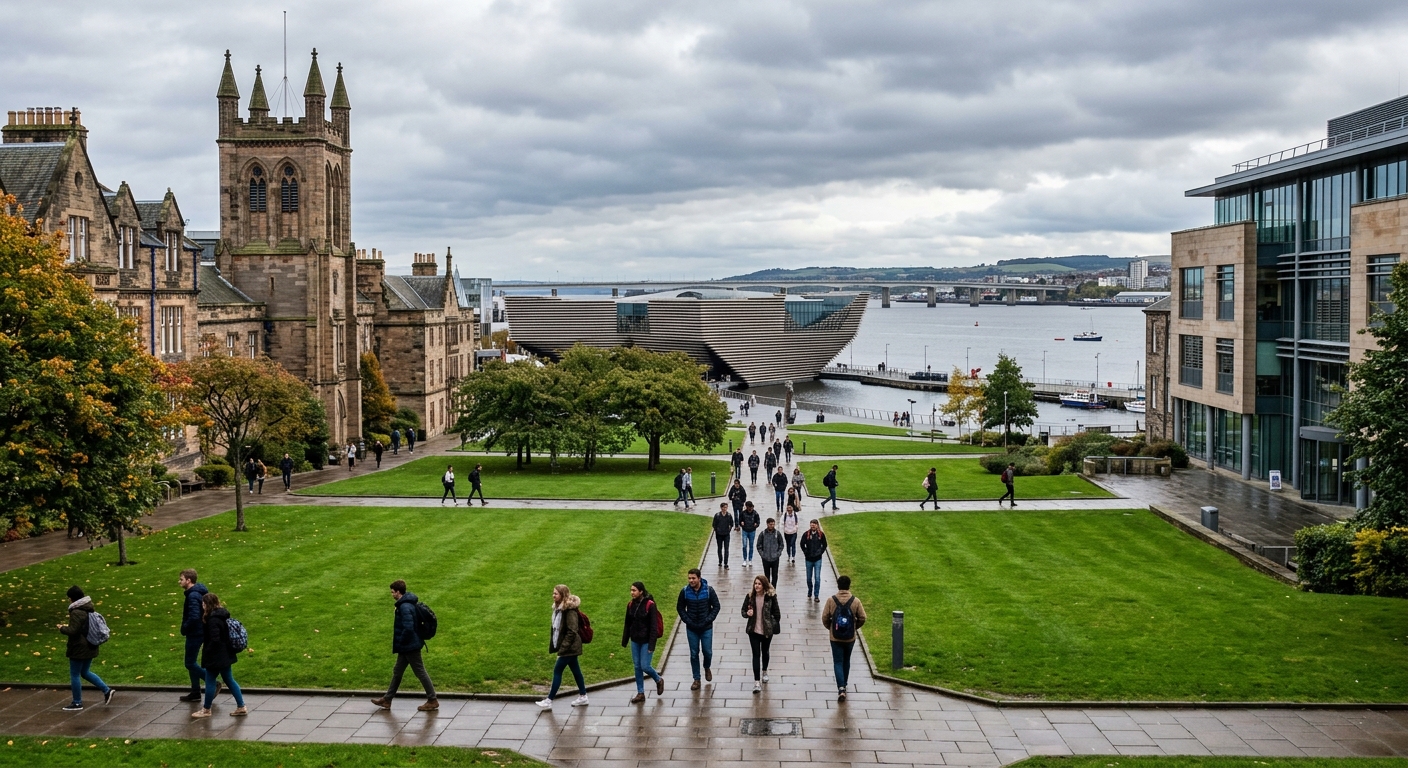 University of Dundee campus with historic stone buildings, modern architecture, and green quad area, students walking along pathways with V&A Dundee waterfront visible in the background, overcast Scottish sky