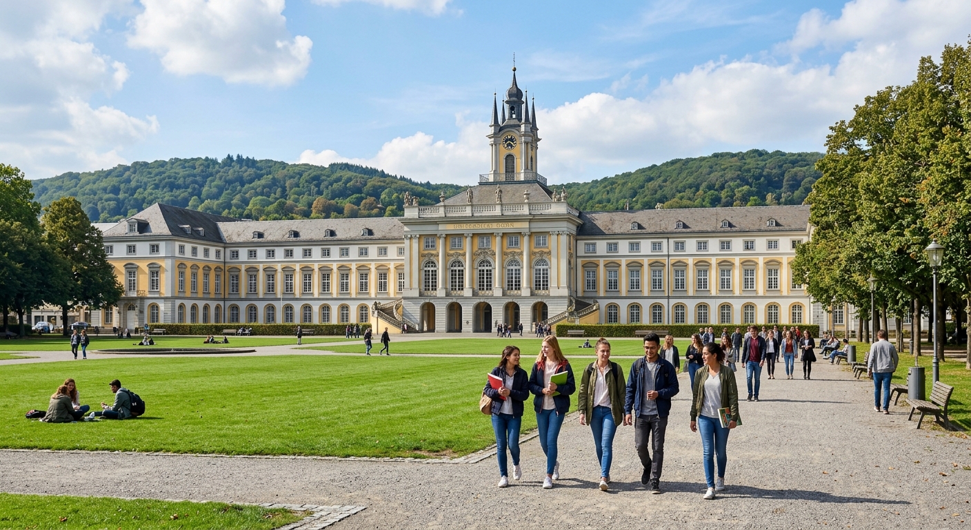 University of Bonn main building with neoclassical architecture, green lawn in foreground, students walking through campus on a sunny day in the Rhine valley, Bonn Germany