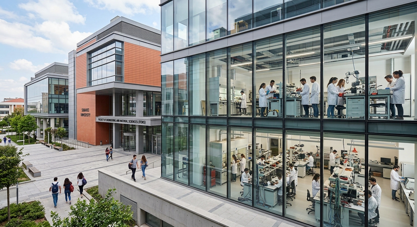 Sabancı University FENS building and engineering laboratories, contemporary architecture with large windows, research equipment visible, students in lab coats