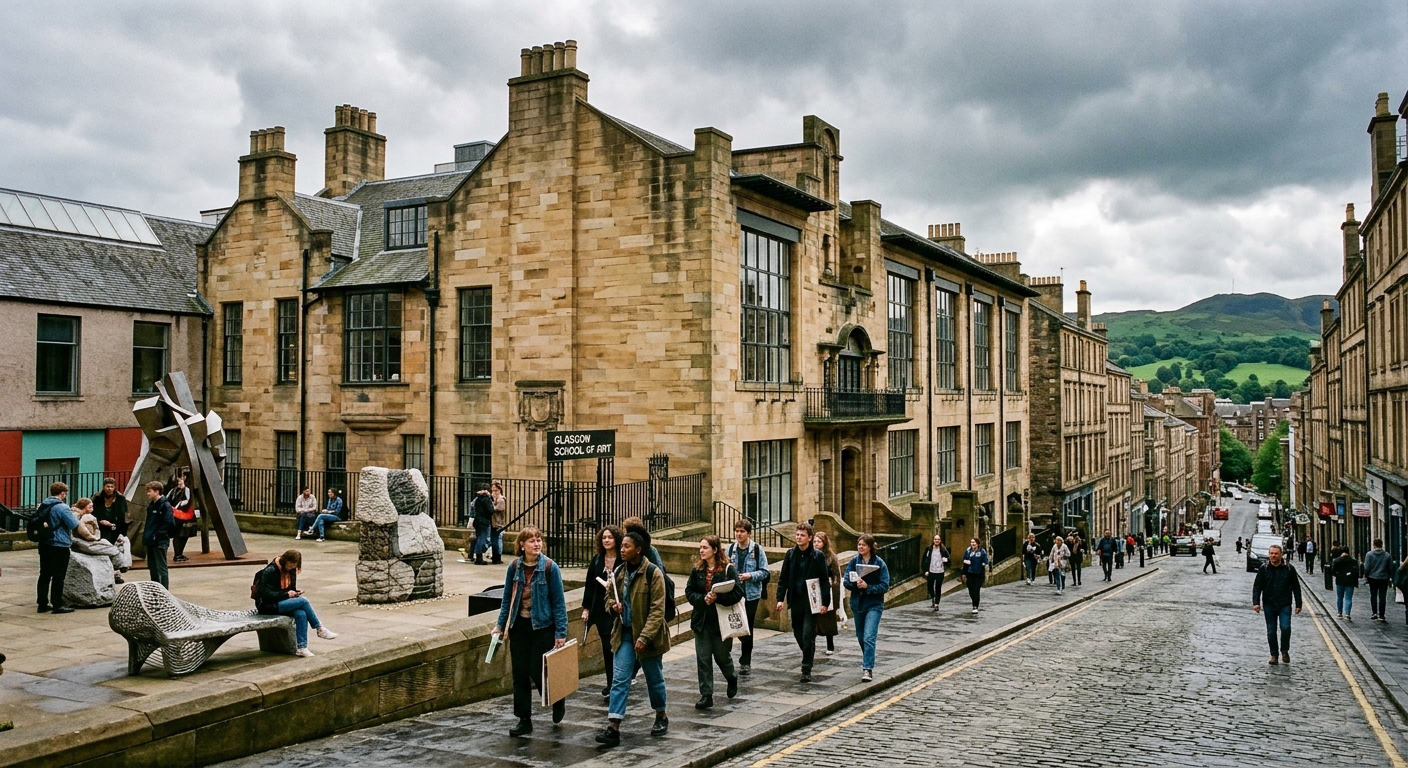 Glasgow School of Art campus exterior with historic architecture, students walking through Garnethill area, sculpture installations visible in courtyard, overcast Scottish sky with green hillside in background