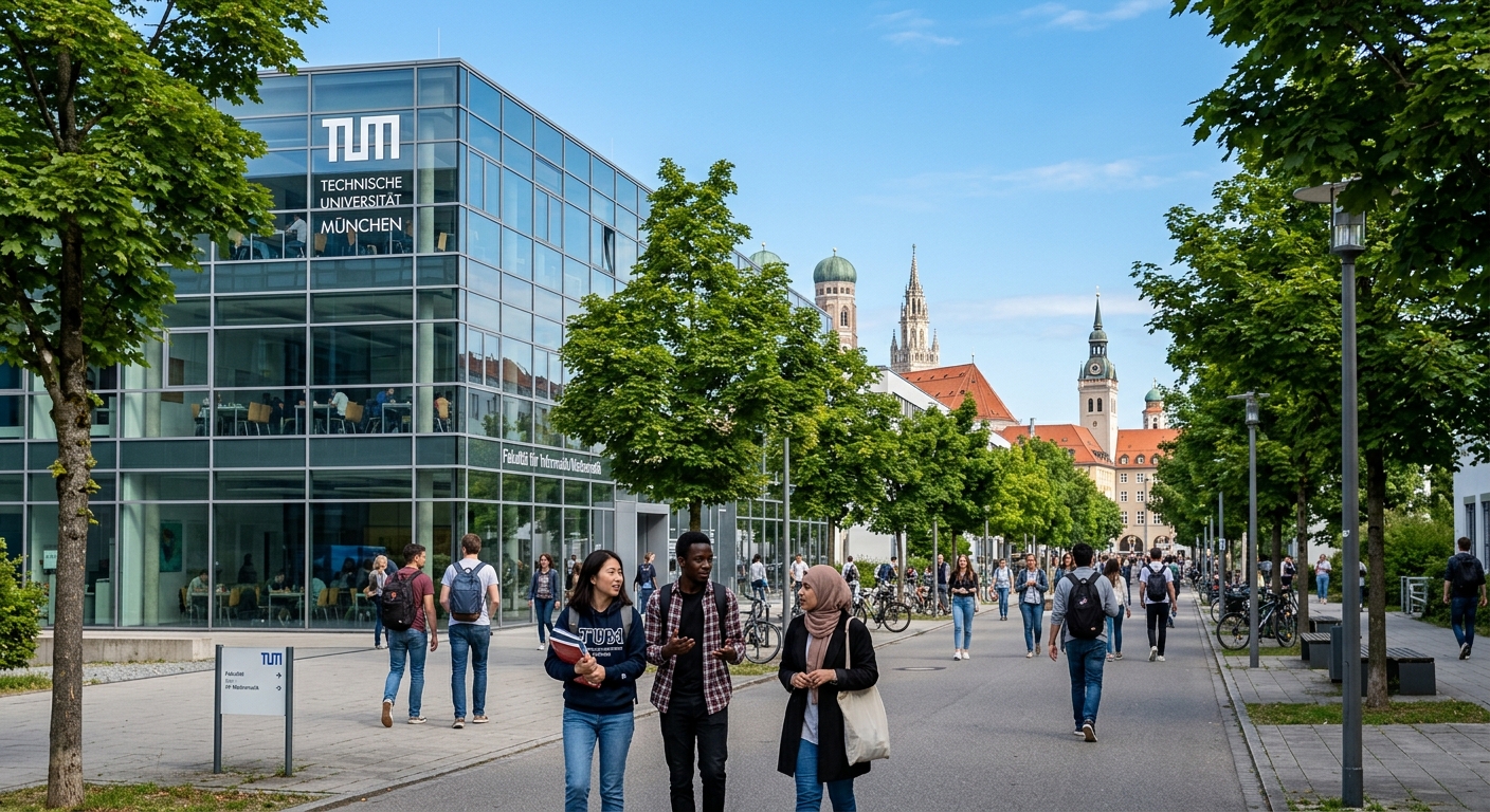 Modern TUM campus building in Munich with glass facade, international students walking along tree-lined pathway, Bavarian architecture visible in the background, clear sky