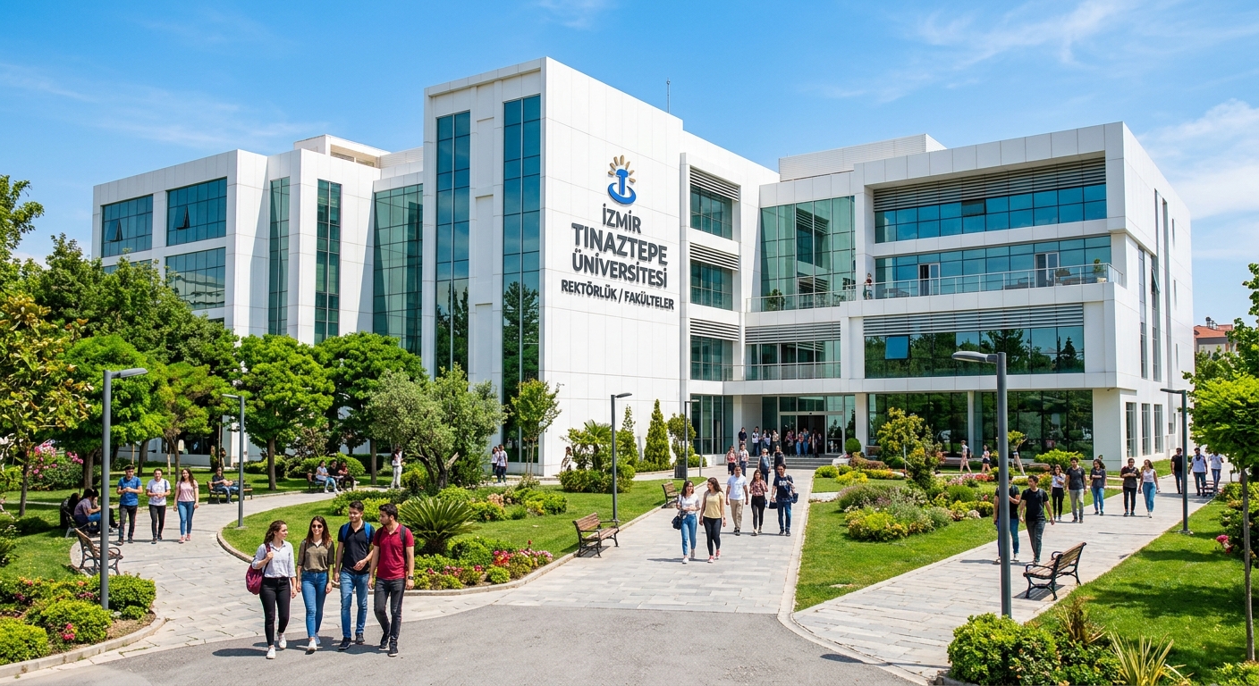 İzmir Tınaztepe University main faculty building, modern white architecture with large windows, green landscaped courtyard, students walking on pathways, bright sunny day
