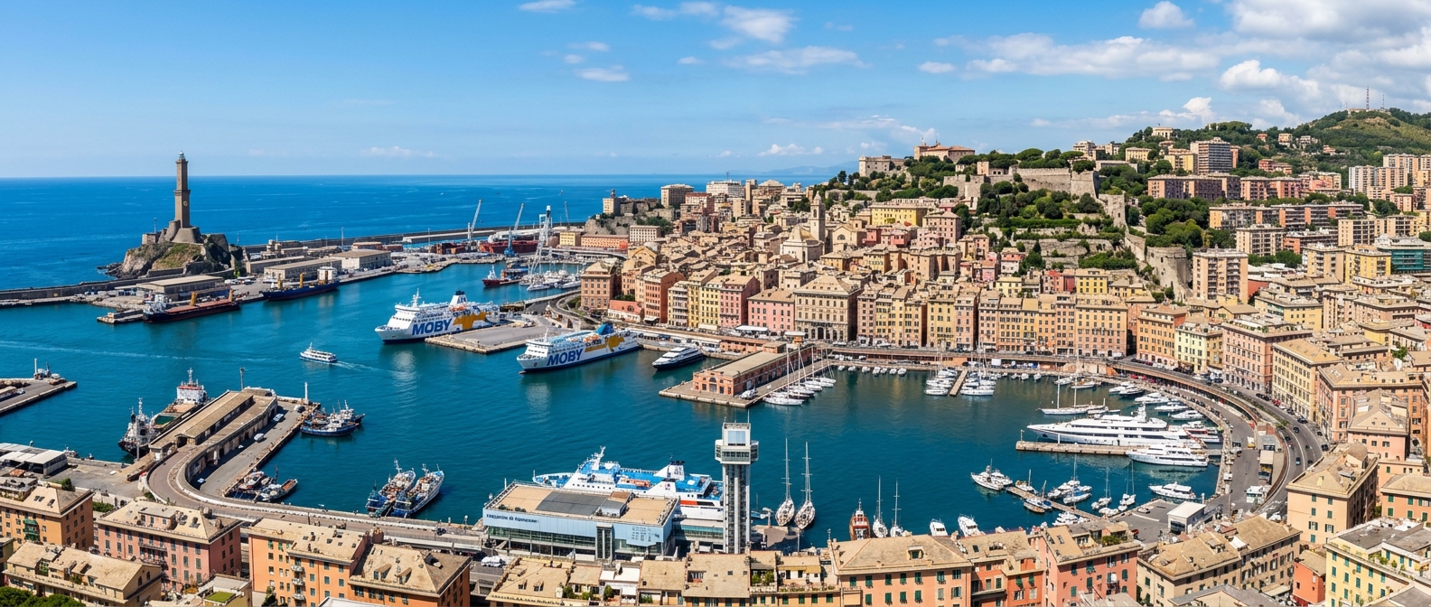 Panoramic view of Genoa harbor and old town, colorful buildings cascading down hillside to the Mediterranean Sea, La Lanterna lighthouse visible, boats in the port, blue sky