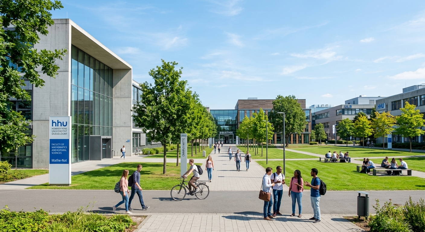 Modern campus of Heinrich Heine University Düsseldorf with contemporary architecture, green lawns, and students walking between faculty buildings under a clear sky in North Rhine-Westphalia, Germany