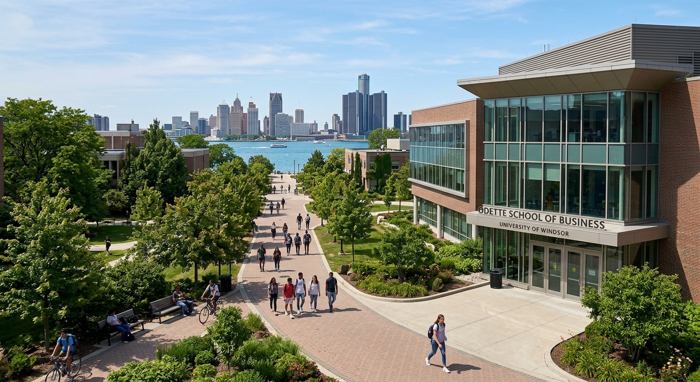 University of Windsor campus with the Odette School of Business building in the foreground, students walking on tree-lined pathways, Detroit River visible in the background, modern architecture blending with green spaces under a clear blue sky