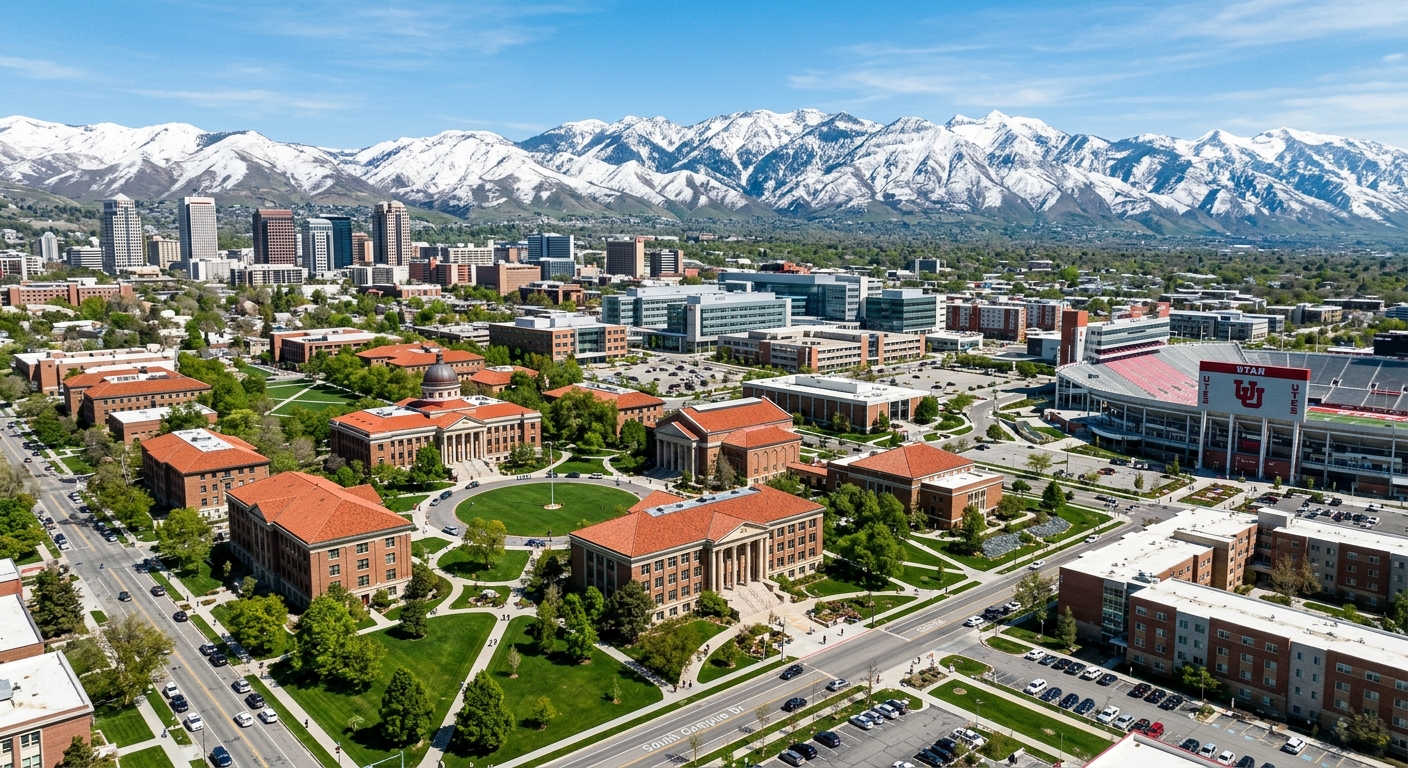 University of Utah campus wide aerial view with red-roofed historic buildings, green lawns, and the snow-capped Wasatch Mountains rising in the background under a clear blue sky, Salt Lake City urban skyline visible in the distance