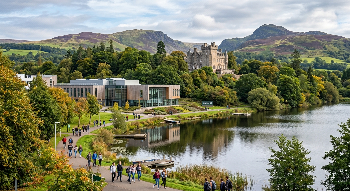 University of Stirling campus with historic Airthrey Castle, lush green Scottish Highlands landscape, modern computing science building, students walking along tree-lined pathways near Airthrey Loch