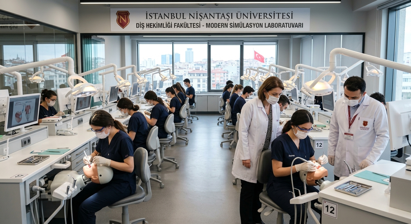 Modern dental simulation laboratory at Istanbul Nisantasi University with students practicing on dental mannequins, advanced clinical equipment, bright overhead lighting, and faculty supervising hands-on training in a contemporary university setting in Istanbul, Turkey