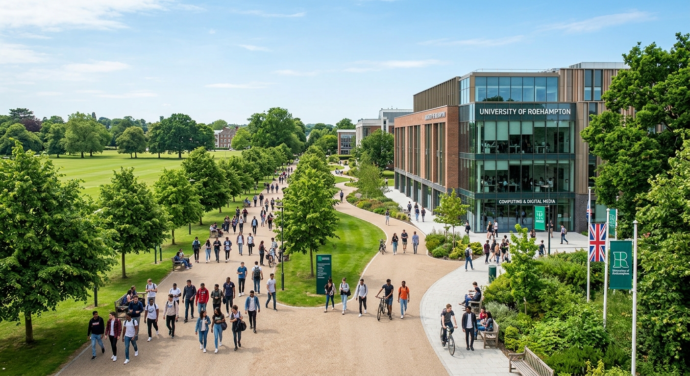 University of Roehampton campus in southwest London with green parkland, modern computing lab building, students walking along tree-lined paths, bright daylight