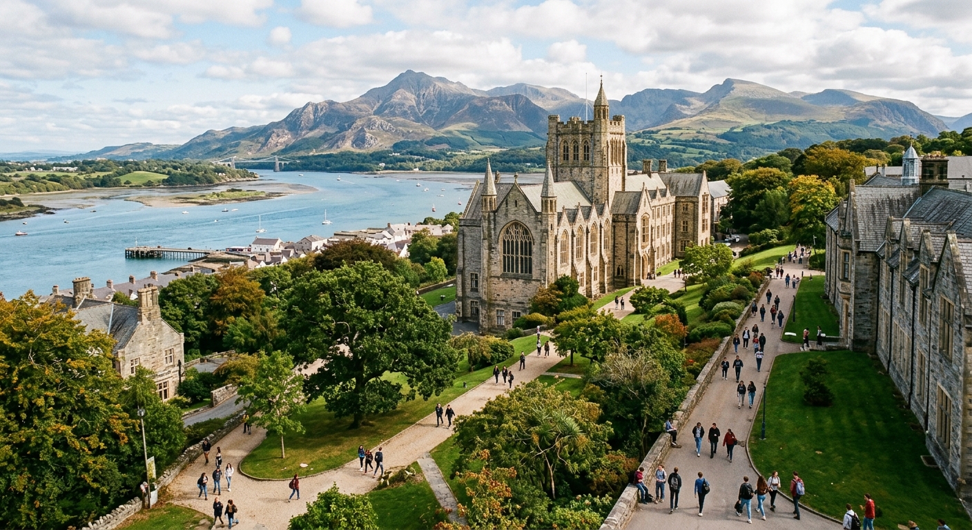Bangor University campus with historic stone buildings nestled between Snowdonia mountains and the Menai Strait, North Wales coastline visible in the background, students walking along tree-lined pathways