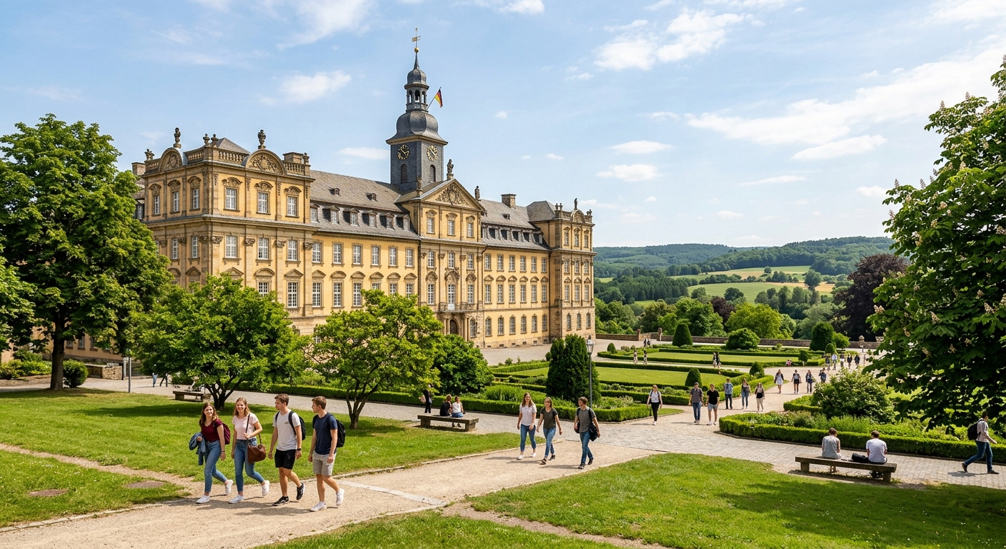 University of Osnabrück baroque castle main building with green courtyard, students walking on campus paths, lush Lower Saxony landscape in the background, bright natural light