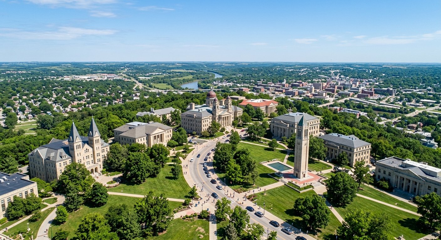 University of Kansas campus aerial view showing Mount Oread hilltop with historic limestone buildings, Jayhawk Boulevard, lush green lawns, and Lawrence Kansas cityscape in the background under clear blue sky