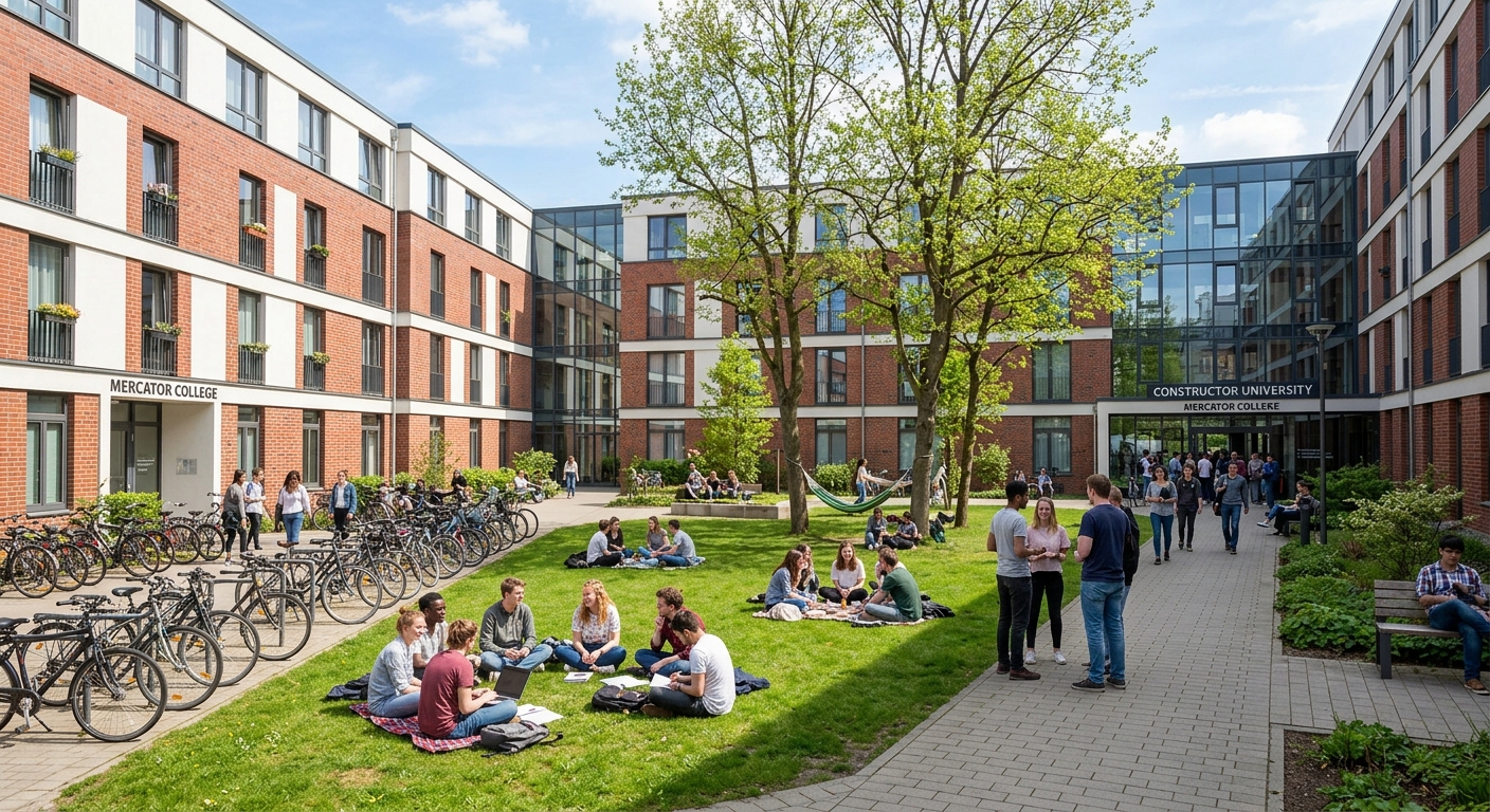 Constructor University residential college courtyard, students socializing outdoors between modern dormitory buildings, bicycles parked nearby, green lawn