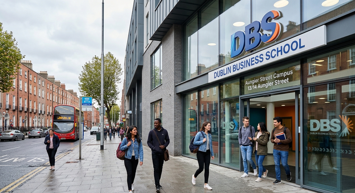 Modern Dublin Business School campus on Aungier Street in Dublin city centre, contemporary glass and brick building facade, international students walking through the entrance, Dublin cityscape with Georgian architecture in the background, bright overcast sky