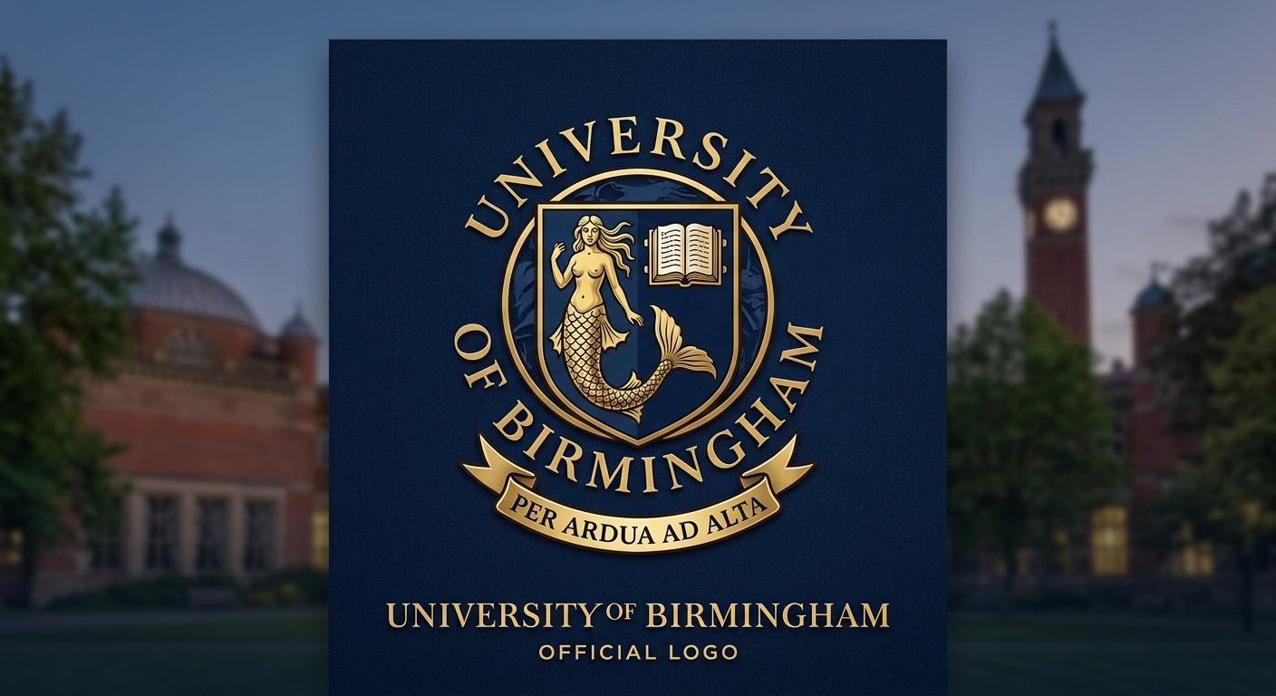 University of Birmingham official logo featuring the university crest with a mermaid and open book on a dark blue shield