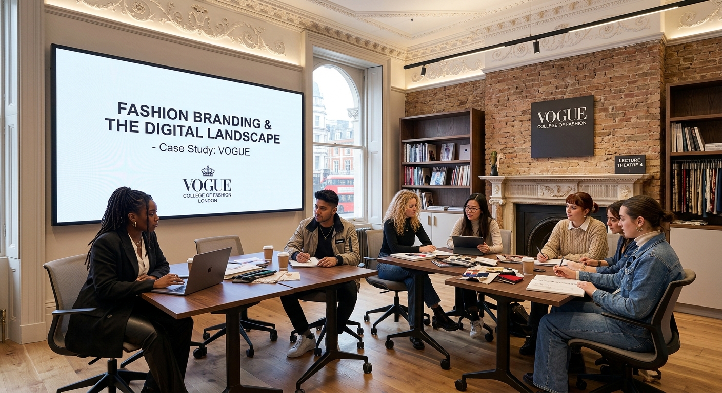 Modern lecture room at Vogue College of Fashion London, small group of diverse students seated around tables, large presentation screen, contemporary interior design with period architectural details