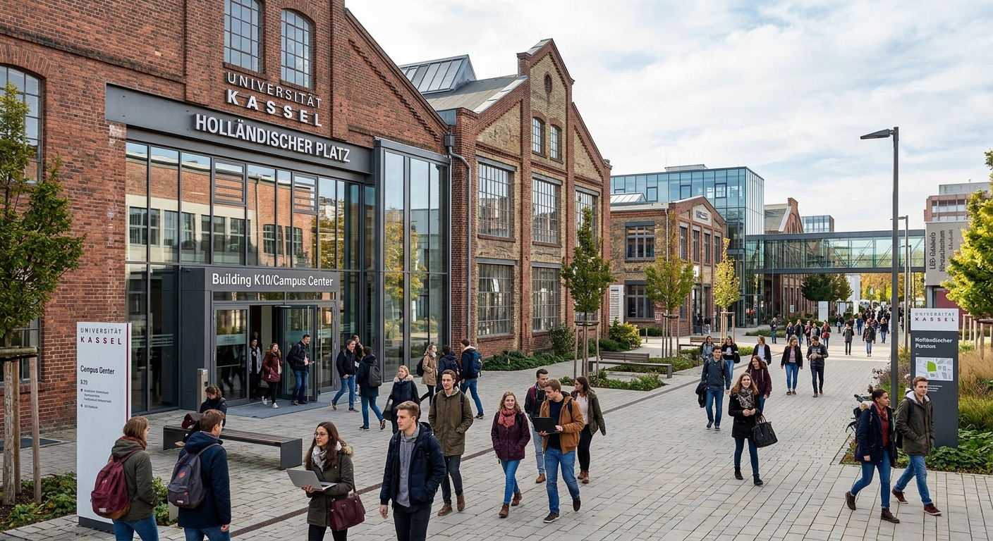 University of Kassel Holländischer Platz main campus, modern converted industrial buildings from former Henschel factory, students on pathways, urban campus setting with glass and brick architecture