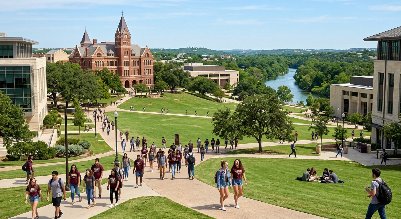 Texas State University campus in San Marcos with the Old Main building, green lawns, and the San Marcos River visible, students walking between modern and historic buildings under a clear Texas sky