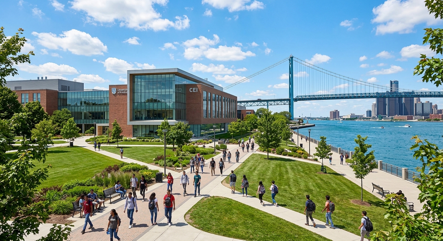 University of Windsor campus along the Detroit River waterfront, modern academic buildings surrounded by green lawns, students walking on pathways with the Ambassador Bridge visible in the background, sunny day in Windsor Ontario Canada