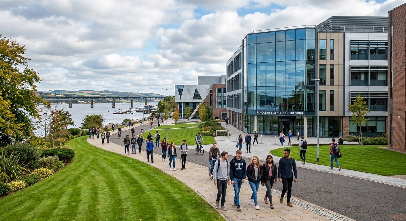 University of Dundee campus buildings with modern architecture, students walking along pathways near the River Tay in Scotland, green lawns and contemporary glass-fronted School of Science and Engineering building under a partly cloudy sky