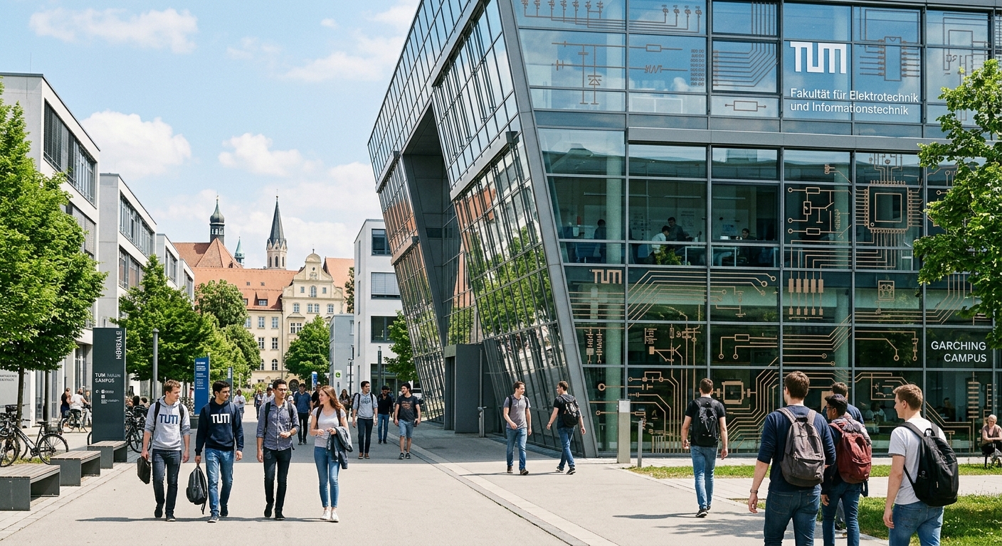 Modern TUM campus building in Munich with glass facade, engineering students walking between lecture halls, electrical circuit board motifs overlaid, bright European daylight, Bavarian architecture in background