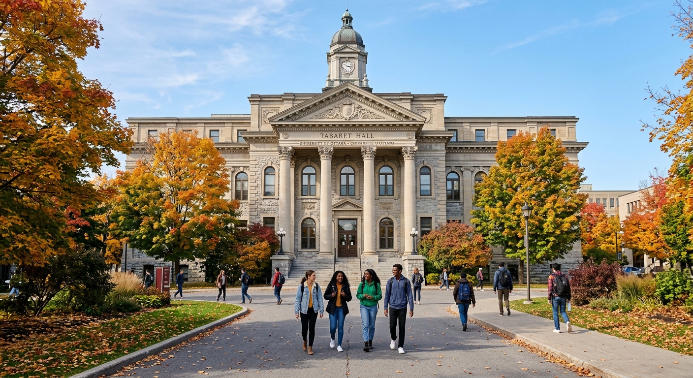 Tabaret Hall at the University of Ottawa, grand stone building with classical columns and portico, students walking along tree-lined pathways, autumn colours, clear sky