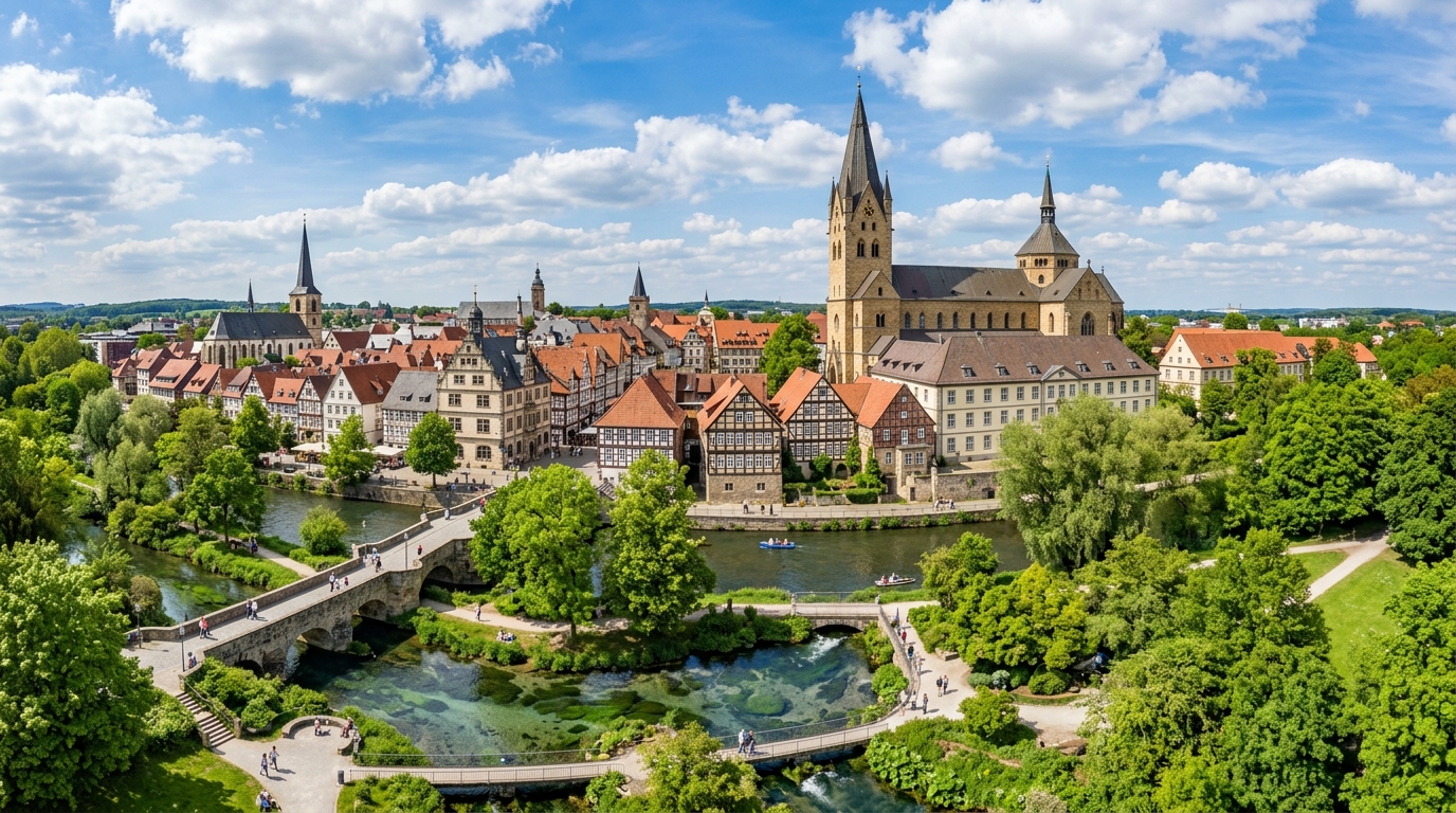 Paderborn city centre panoramic view, historic cathedral towers, Paderborn springs (Paderquellen), charming old town buildings, green parks, blue sky