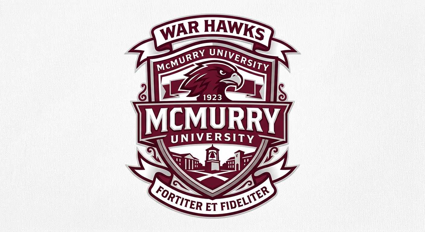McMurry University official logo, maroon and white color scheme, War Hawks branding, shield emblem with university name text