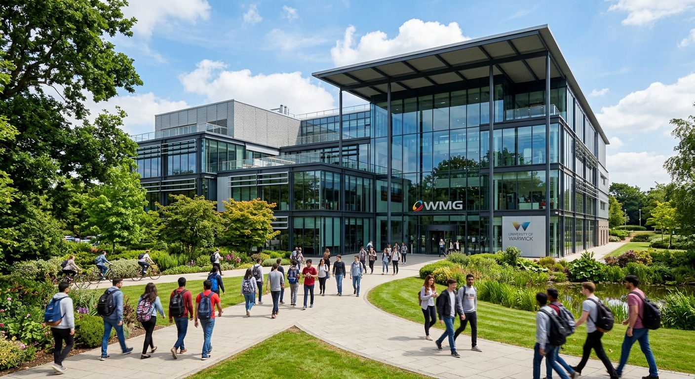 Modern WMG building at University of Warwick campus, Coventry, with contemporary glass and steel architecture, green landscaped surroundings, students walking on pathways, bright daylight