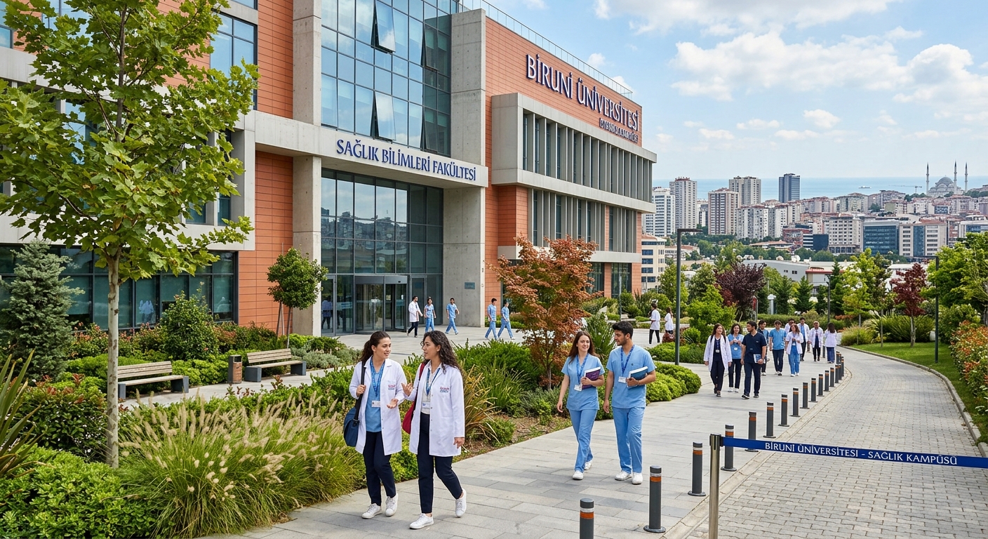 Modern health sciences building at Biruni University Istanbul campus, students in clinical uniforms walking through a sunlit courtyard with green landscaping, Zeytinburnu district skyline in background