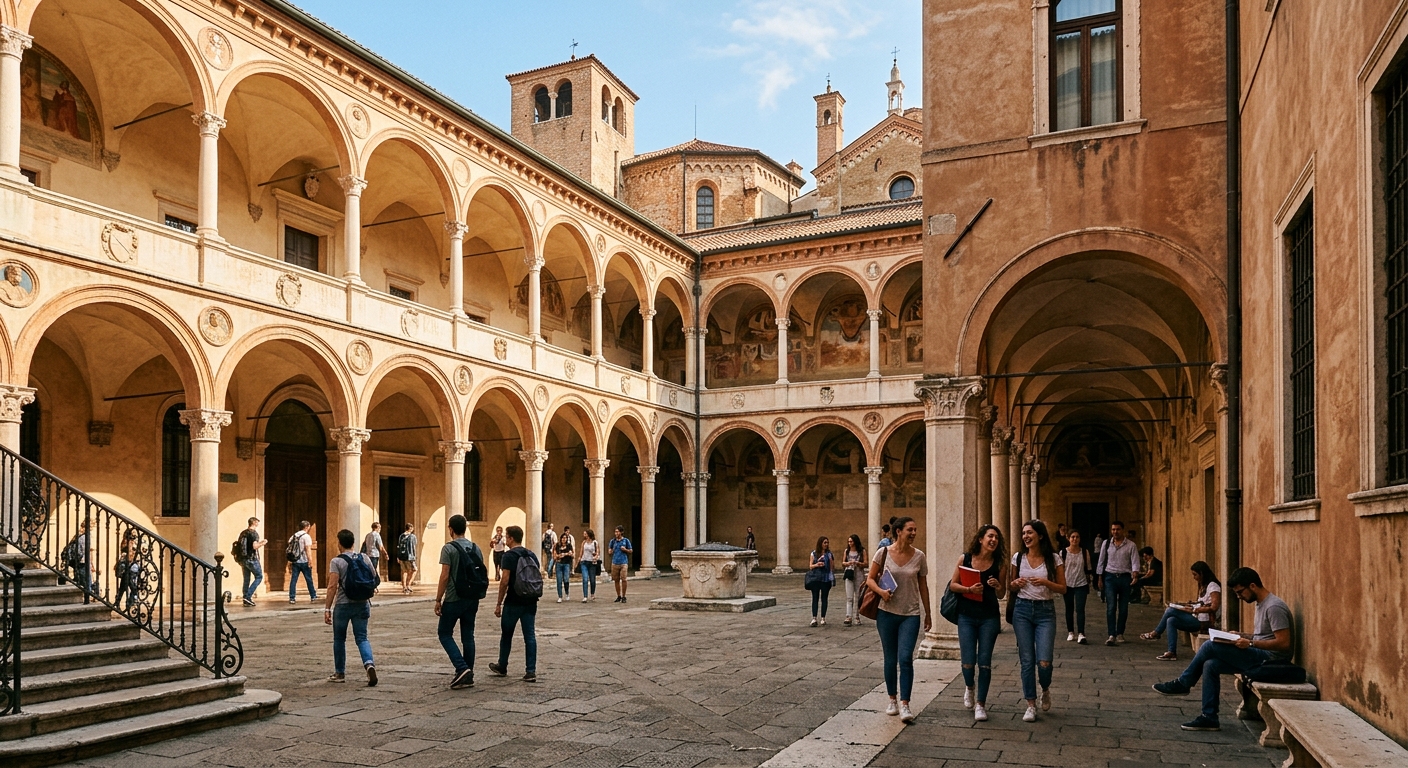 Historic University of Padua campus building with arched colonnades and courtyard, students walking through Palazzo Bo, warm Italian sunlight, Padova Italy