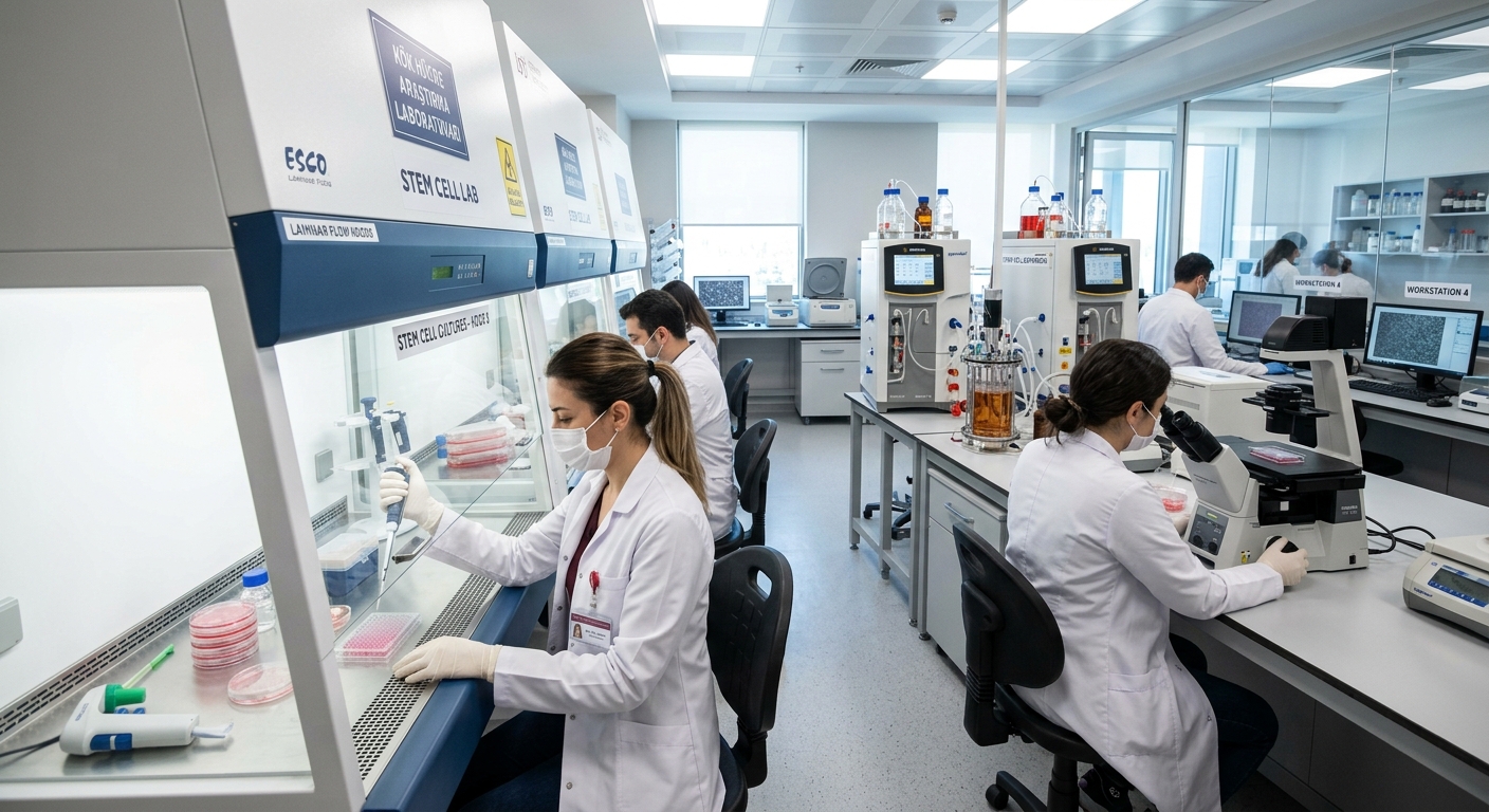 Modern biomedical research laboratory at Istinye University Istanbul with scientists working on stem cell cultures under laminar flow hoods, microscopes and bioreactors visible, bright clinical lighting
