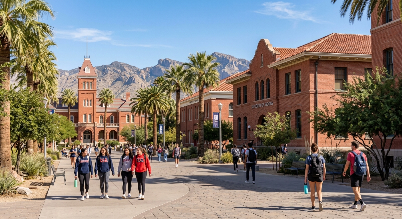 University of Arizona campus in Tucson with red brick buildings, palm trees, and students walking on sunny pathways with desert mountain backdrop