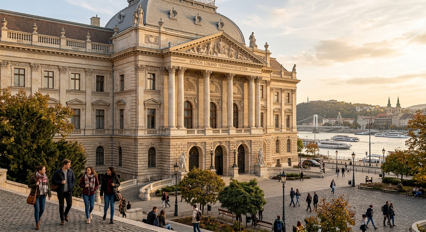 Eötvös Loránd University main building facade on Egyetem tér in Budapest, neoclassical architecture with ornate columns, students walking in the square, Danube River visible in the distance, warm afternoon light