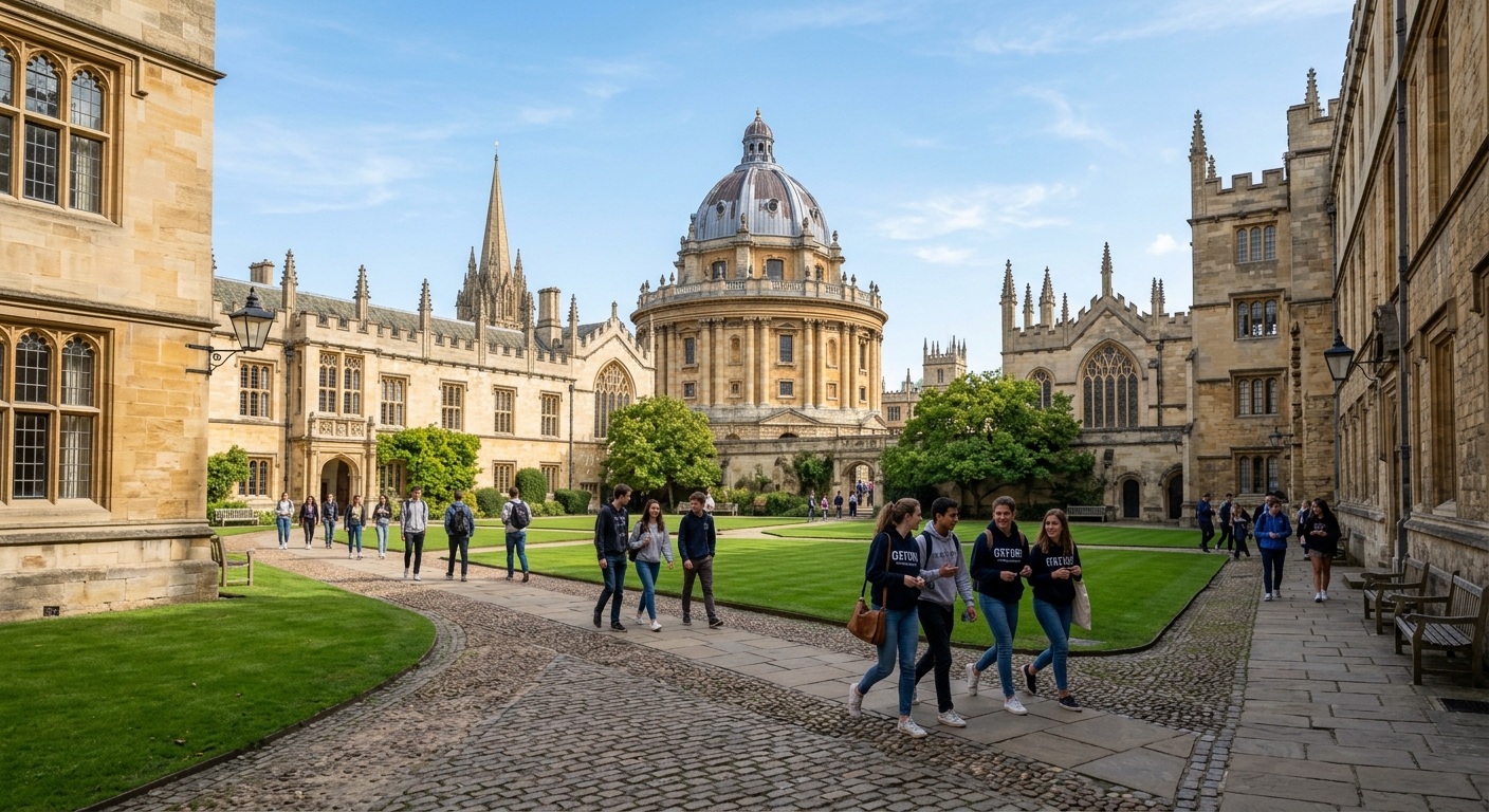 Historic University of Oxford campus with golden stone buildings, green quadrangle lawns, and the iconic Radcliffe Camera dome in the background, students walking along cobblestone paths under clear blue sky