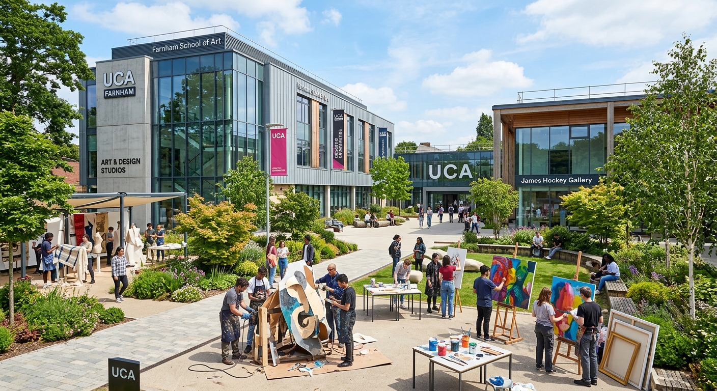 UCA Farnham campus courtyard with modern studio buildings, students working on outdoor art projects, lush green landscaping, bright daylight