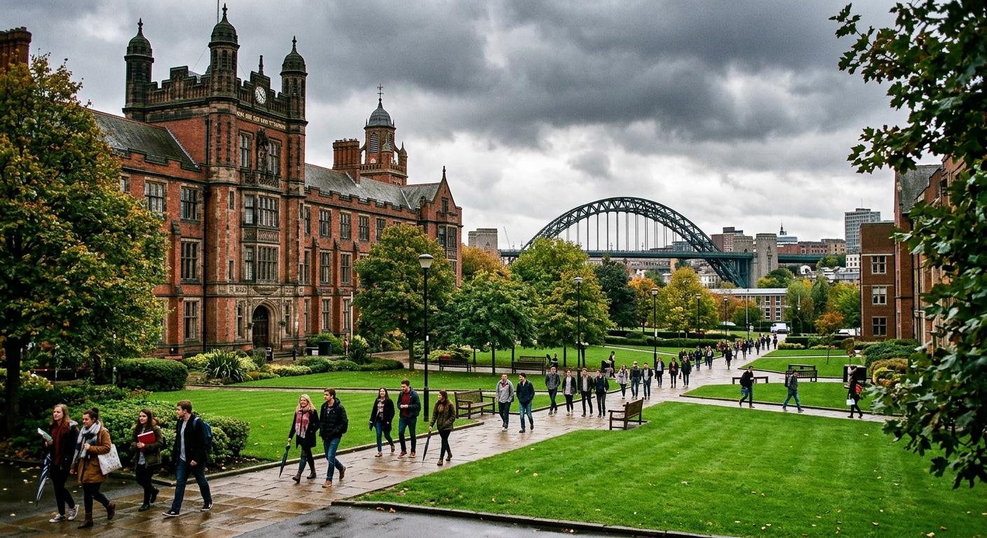 Newcastle University campus with the iconic Armstrong Building and surrounding green spaces, students walking through the city-centre campus with the Tyne Bridge visible in the background, overcast British sky