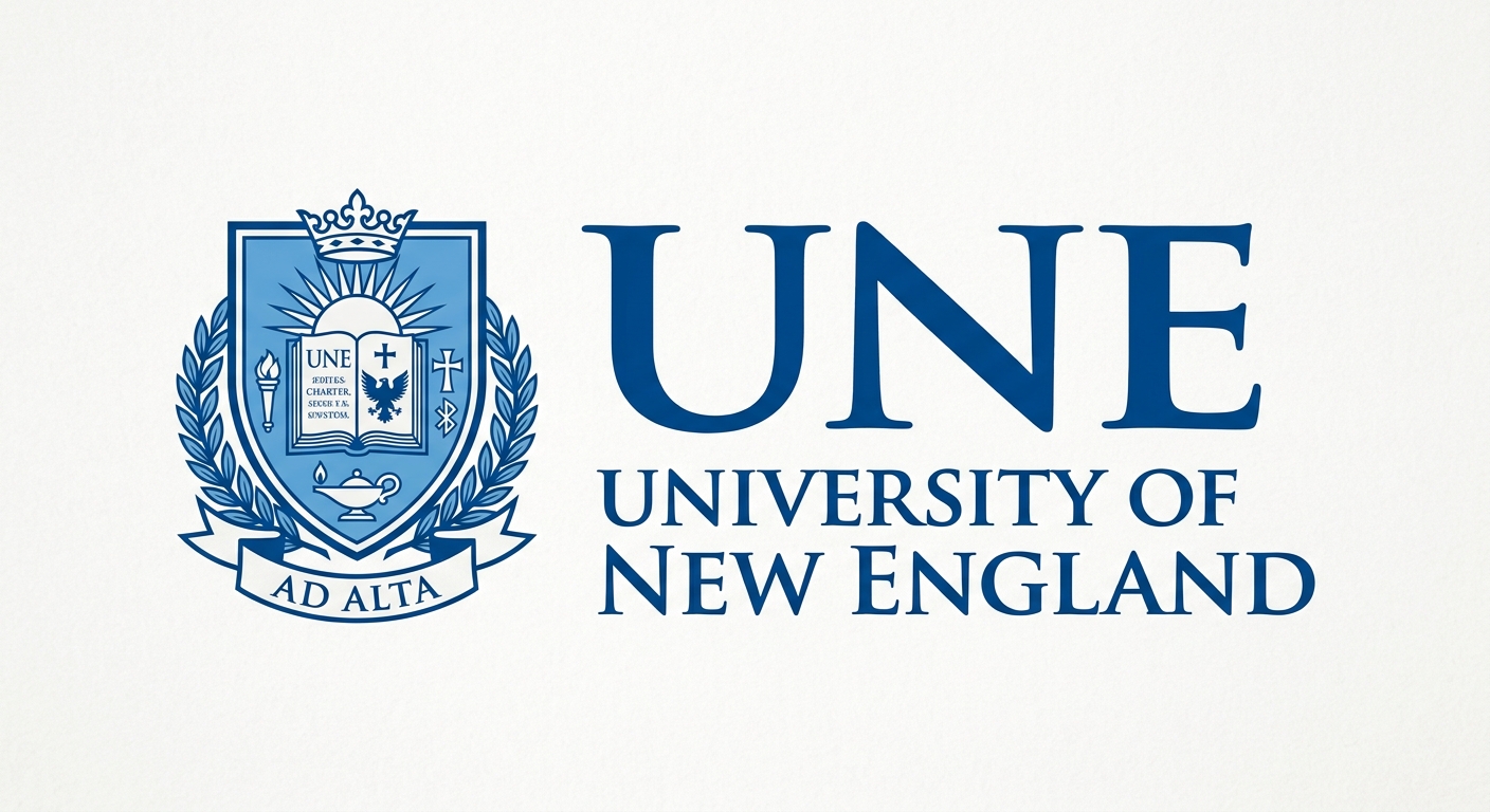 University of New England official logo, blue and white color scheme, featuring UNE lettering with university crest