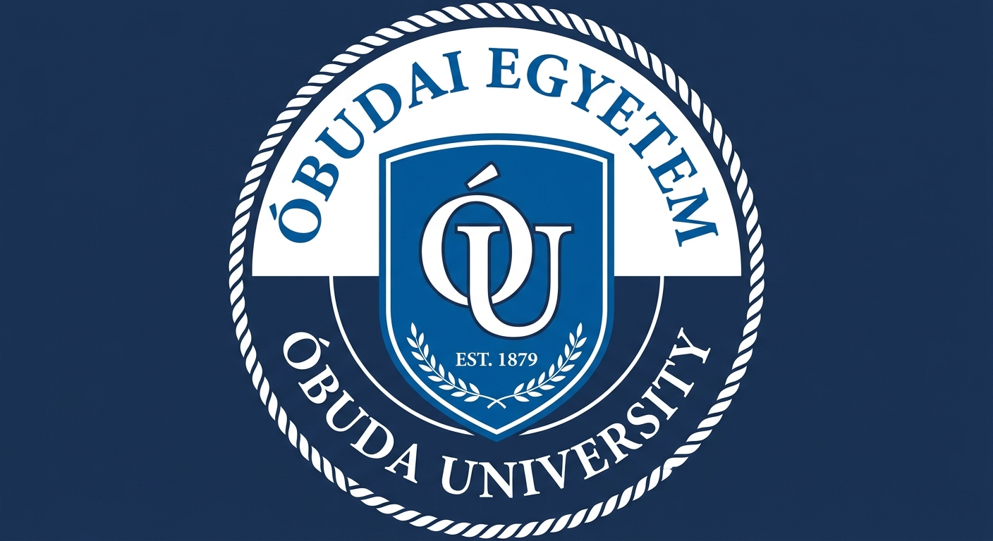 Óbuda University official logo, blue and white shield emblem with stylized OU monogram and university name in Hungarian and English